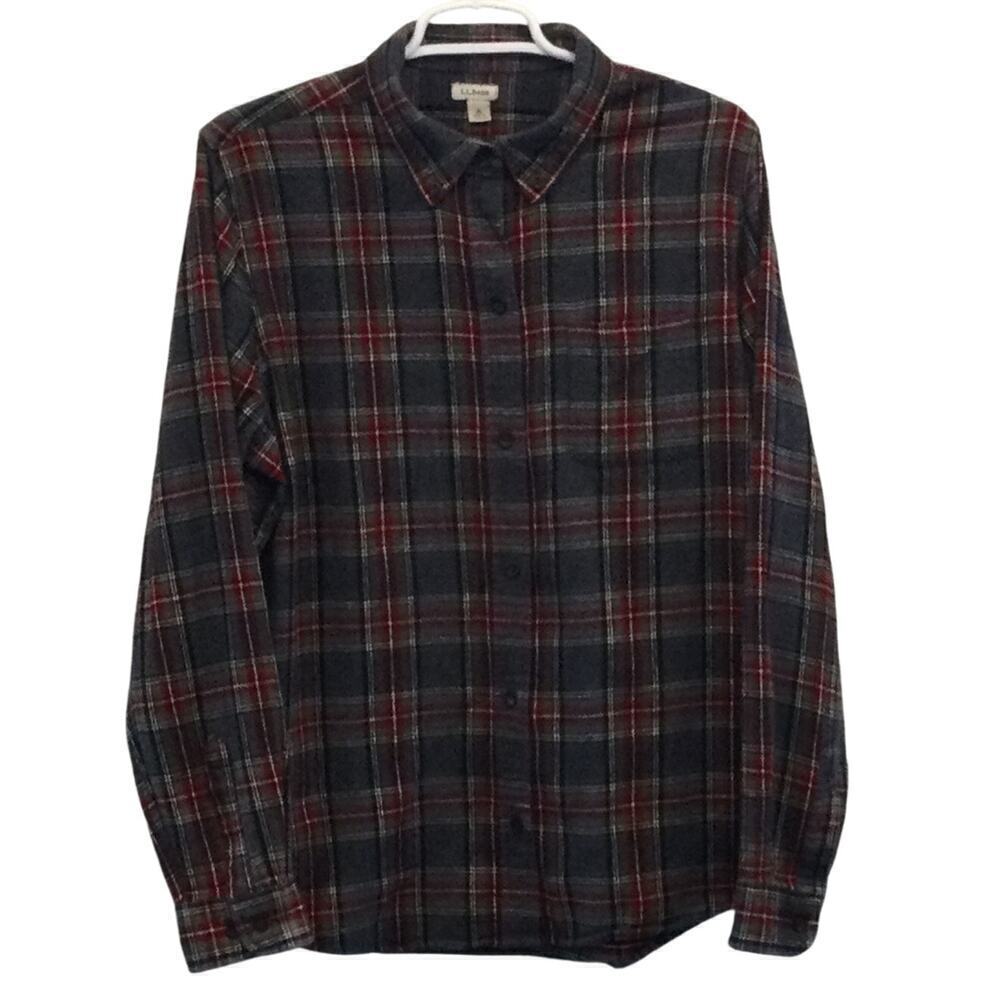 L.L.Bean Thick Flannel‎ Shirt Mens L Grey Green Plaid Cabincore Gorpcore Outdoor